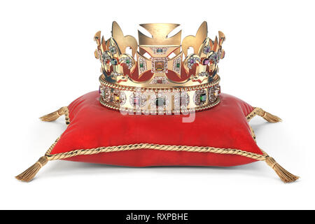 Golden crown con gioielli sul velluto rosso cuscino per incoronazione isolato su bianco. 3d illustrazione Foto Stock