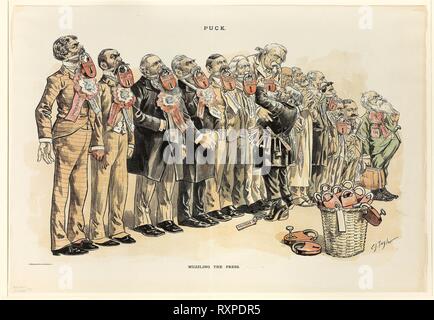 Costringere al silenzio stampa, dal puck. Taylor, C. Jay (American, 1855-1929); Ottmann, J. (American, secolo XIX). Data: 1889. Dimensioni: 356 x 516 mm. Litografia su carta da giornale. Origine: Stati Uniti. Museo: Chicago Art Institute. Foto Stock