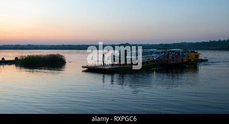 Dawn colpo di traghetto trasporto veicoli e persone attraverso Victoria fiume Nilo a Paraa in Murchison Falls National Park, Nord Uganda, Africa orientale Foto Stock