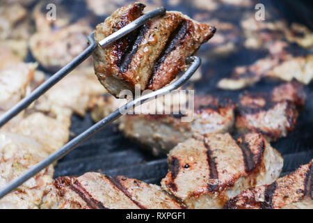 Sizzling, deliziosa bistecca alla griglia e pollo hot off il barbecue a un esterno di riunione di famiglia. Foto Stock