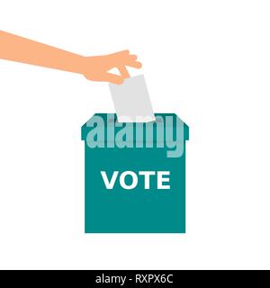 Mano è mettere la carta di voto nelle urne. Messaggio di voto. Elezioni democrazia,partecipazione,voto,concetto. Chiamando per la partecipazione alle elezioni. Illustrazione Vettoriale