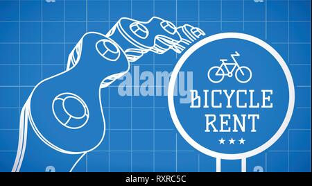Noleggio biciclette segno su sfondo blueprint con la catena della bicicletta. Vettore Illustrazione Vettoriale