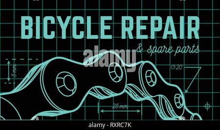 Riparazione di biciclette su sfondo blueprint con la catena della bicicletta. Vettore Illustrazione Vettoriale