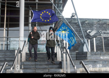 Cardiff, Galles, UK. Il 10 marzo 2019. Edmund lati set fuori dall'edificio Senedd nella Baia di Cardiff sul Cardiff - Newport tappa del suo cammino. Egli sta camminando da Swansea a Londra per unirsi al voto popolare marzo il 23 marzo. L'impostazione off da Swansea mercoledì 6 marzo, ed ha lo scopo di arrivare a Londra il 22 marzo, nel tempo di unirsi ad altri Swansea per l'Europa gli attivisti che sarà battenti bandiera per Swansea al voto popolare marzo. Il marzo scorso, in ottobre, è stato uno dei più grandi nella storia britannica, disegno 700.000 persone. Credito: Polly Thomas/Alamy Live News Foto Stock