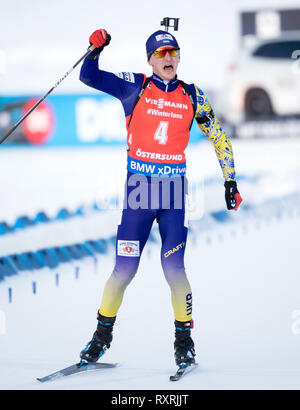 Il 10 marzo 2019, Svezia, Östersund: Biathlon: World Championship, pursuit 12,5 km, uomini. Dmytro Pidruchnyi dall'Ucraina cheers al traguardo. Foto: Sven Hoppe/dpa Foto Stock