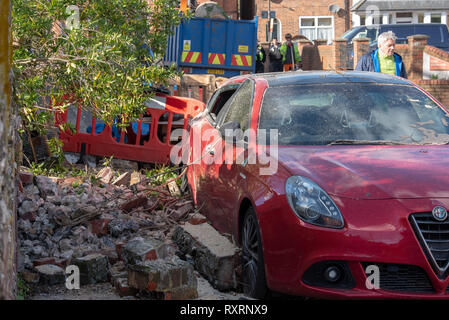 Marlow, Regno Unito. Il 10 marzo 2019. Un albero è caduto nel corso di venti alti in Marlow, la struttura ad albero è venuto giù attraverso Mill Road ed è venuto a poggiare sul tetto del Principe di Galles pub. Credito: Peter Manning/Alamy Live News Foto Stock