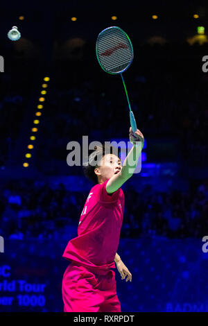 Birmingham, Regno Unito. 10 marzo, 2019. All England Open Badminton Championships : Giorno 5 WOMENS SINGLES FINALS Birmingham, Inghilterra - Marzo : CHEN yuchi della Cina in azione in women singles finals contro Tai Tzu Ying del Taipei cinese all'Overgrip Yonex tutti Inghilterra aprire Badminton campionati a Arena Birmingham su Marzo 10, 2019 Birmingham, Inghilterra Credito: PATRICK ANTHONISZ/Alamy Live News Foto Stock