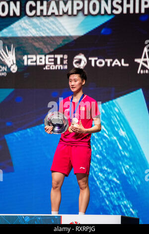 Birmingham, Regno Unito. 10 marzo, 2019. Overgrip Yonex ALL ENGLAND OPEN BADMINTON Championships 2019 WOMENS SINGLES vincitore Chen yuchi di cina Credito: PATRICK ANTHONISZ/Alamy Live News Foto Stock