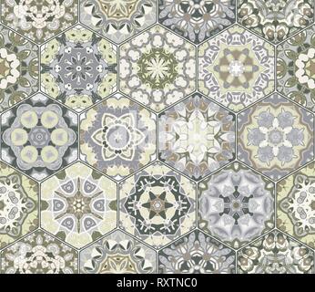 Set di vettore arabo seamless pattern. Raccolta di esagonale di piastrelle in ceramica in sfumature di blu e verde. Decorativi ed elementi di design per i tessili, Illustrazione Vettoriale