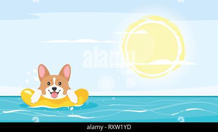 Vector cartoni stile sullo sfondo di un mare con felice corgi cane galleggiante in un anello gonfiabile. Buona giornata soleggiata con cielo chiaro. Illustrazione Vettoriale. Vac Illustrazione Vettoriale
