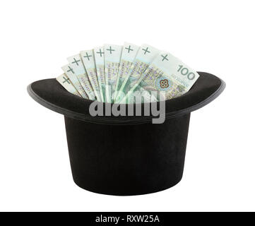 Lucidare il denaro che appare da un cappello a cilindro isolato su sfondo bianco Foto Stock