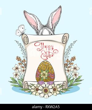 Vintage modello di pasqua. Fiori e farfalle easters, uova e dolci coniglio bunny card in stile retrò, illustrazione vettoriale Illustrazione Vettoriale