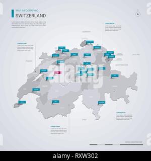 La Svizzera mappa vettoriale con elementi infografico, segni di puntatore. Modello modificabile con regioni, città e capitale Berna. Illustrazione Vettoriale
