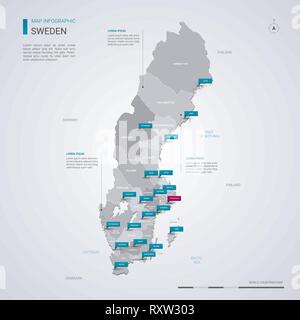 La Svezia mappa vettoriale con elementi infografico, segni di puntatore. Modello modificabile con regioni, città e capitale di Stoccolma. Illustrazione Vettoriale