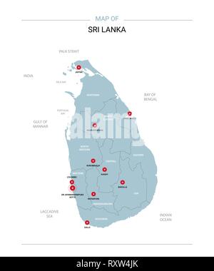 Sri Lanka mappa vettoriale. Modello modificabile con le regioni, le città, i pin di colore rosso e blu superficie su sfondo bianco. Illustrazione Vettoriale