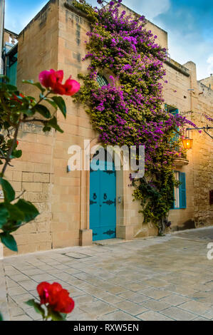 Mdina, Malta: tradizionale casa Maltese con artistiche porte, fiori di bouganville viola sulla parete di roccia calcarea e luci a lanterna Foto Stock