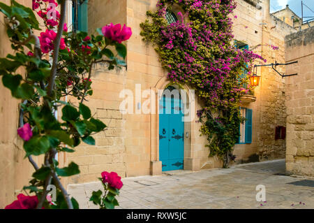Mdina, Malta: tradizionale casa Maltese con artistiche porte, fiori di bouganville viola sulla parete di roccia calcarea e luci a lanterna Foto Stock