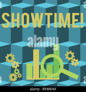 Conceptual la scrittura a mano che mostra Showtime. Concetto significato volta a riprodurre film Perforanalysisce Concerto evento è programmato per iniziare Foto Stock