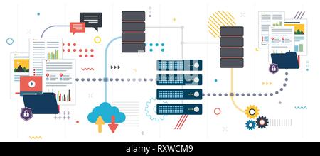 Condivisione di file e il backup dei dati. I dati condivisi, documenti, video e foto. Computer con accesso Internet agli utenti di scaricare file in modo sicuro. Modello in design piatto per noi Illustrazione Vettoriale