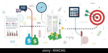 Finanza aziendale, gli investimenti e la strategia. Tabella finanziaria della crescita e profitti, il flusso degli investimenti e il successo del business. Modello in design piatto per Illustrazione Vettoriale