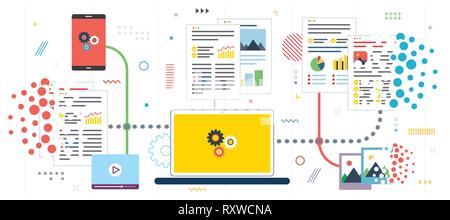 Eliminazione di file, documenti, immagini e video. Laptop, computer e telefono cellulare l'eliminazione di file e documenti. Modello in design piatto per banner web o Illustrazione Vettoriale