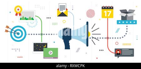 Pubblicità e marketing comunicazione icone, processo di pianificazione. Business marketing, analisi e strategia in reti sociali e social media. Appartamento Illustrazione Vettoriale