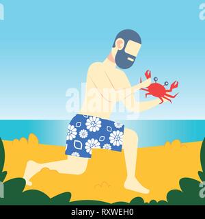 Uomo Barbuto azienda grande granchio rosso con artigli sul mare spiaggia vacanze estive concetto maschio personaggio dei cartoni animati a lunghezza piena mare piatto Illustrazione Vettoriale