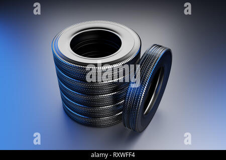 Nuovi pneumatici invernali con un moderno battistrada su sfondo nero. 3D rendering immagine ad alta risoluzione. Foto Stock