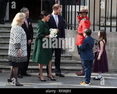 Il Duca e la Duchessa di Sussex lasciare il Canada House di Londra dopo una giornata del Commonwealth Evento gioventù celebrando le diverse comunità di giovani canadesi che vivono a Londra e in tutto il Regno Unito. Foto Stock