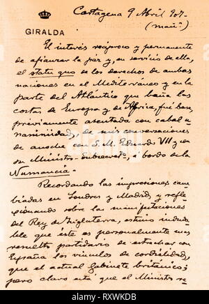 Note prese da Don Antonio Maura, a bordo del Royal Yacht Qiralda, nella baia di Cartam dopo i colloqui tenuti dal Re Alfonso XIII con re Edoardo VII, risultante in un patto di Cartagena (aprile 1907) Foto Stock