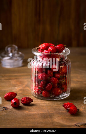 Ripe red rose selvatiche in un possibile Foto Stock