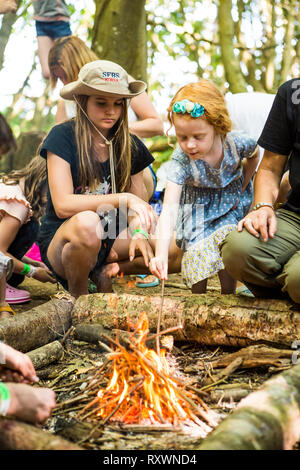 La tostatura marshmallow su un fuoco aperto in corrispondenza di un bosco bushcraft workshop presso nel selvaggio festival, Kent, Regno Unito Foto Stock