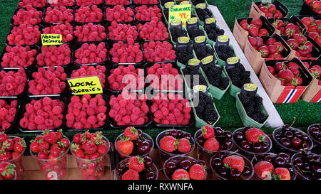 Frutti di bosco come mirtilli, lamponi, fragole e ciliege in plastica monouso contenitori e cesti di carta presso il Mercato degli Agricoltori Foto Stock