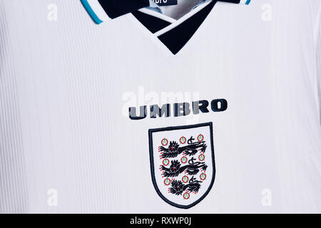 Close up di Inghilterra nazionale di calcio Euro 96 kit. Foto Stock