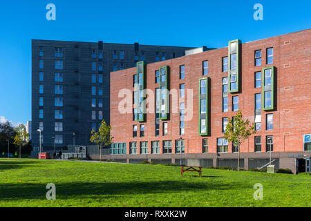 Appartamento con studenti di blocchi, Peel Park trimestre, l'Università di Salford, Manchester, Inghilterra, Regno Unito Foto Stock