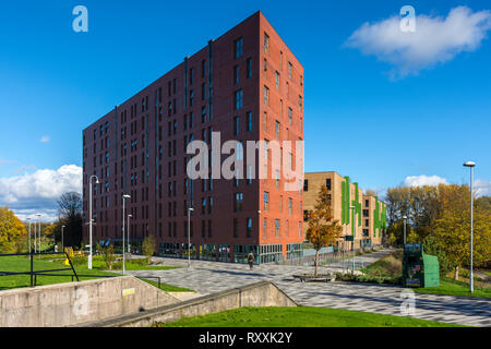 Appartamento con studenti di blocchi, Peel Park trimestre, l'Università di Salford, Manchester, Inghilterra, Regno Unito Foto Stock