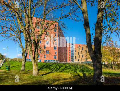 Appartamento con studenti di blocchi, Peel Park trimestre, l'Università di Salford, Manchester, Inghilterra, Regno Unito Foto Stock