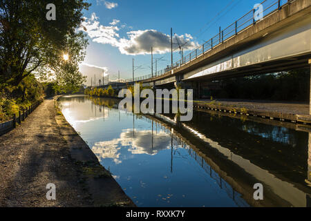 Bridgewater Canal a Pomona, con il tram Metrolink viadotto accanto, Manchester, Inghilterra, Regno Unito Foto Stock