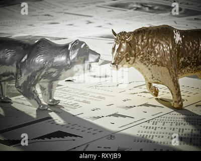 Orso e bull figure su economia pagine di giornale. 3D'illustrazione. Foto Stock