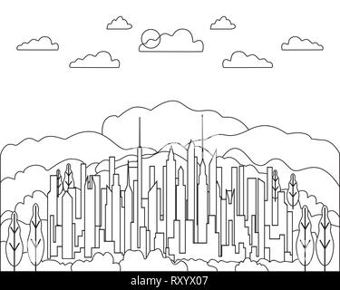 Linea sottile paesaggio cittadino di piatto. Design panorama urbano della città moderna con alti grattacieli, edifici, montagne, colline, alberi, sky, nuvole e sole. La linea Illustrazione Vettoriale
