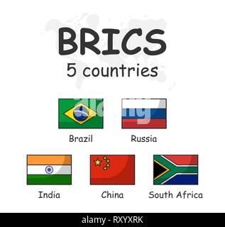 BRICS e bandiera di appartenenza . Associazione di 5 paesi . Moderno cartoon semplice schema di progettazione e doodle mappa Mondo sfondo . Illustrazione Vettoriale