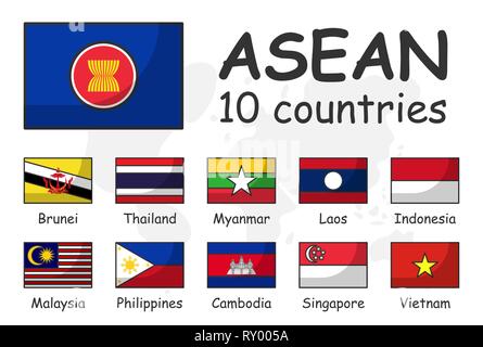 L'ASEAN e bandiera di appartenenza . Associazione delle nazioni del sud-est asiatico . Moderno cartoon semplice schema di progettazione e doodle mappa Mondo sfondo . Illustrazione Vettoriale