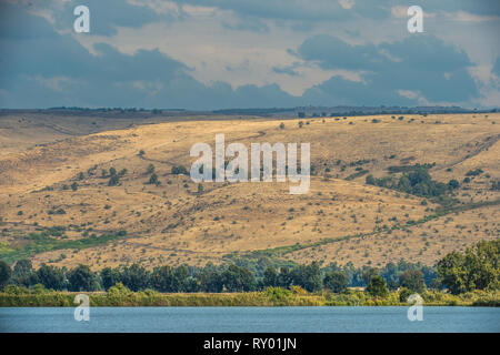 Alture del Golan. Vista delle alture del Golan dalla Valle di Hula, Israele. Foto Stock