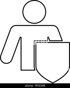 Stick uomo con scudo per la protezione dei dati personali concetto uomo con protezione per attacco riflettente protetti da attacchi idea icona colore nero contorno ve Illustrazione Vettoriale