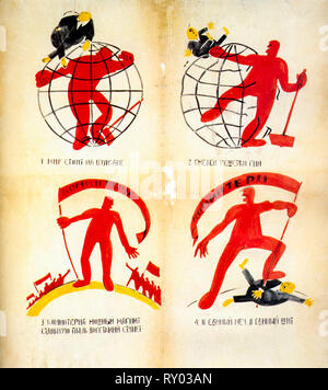 ROSTA windows, impresse propaganda sovietica poster, Il mondo è su un vulcano ....1921 Foto Stock