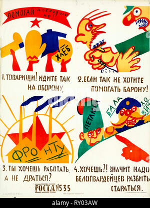 ROSTA windows, impresse propaganda sovietica poster, contribuire volontariamente! Compagni! Andare sulla difesa in modo se non volete aiutare il Barone!, 1920 Foto Stock