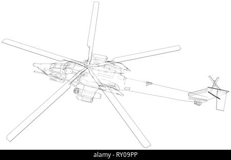 Disegno di elicottero, vettore concetto wireframe. Creato illustrazione di 3d. Gli strati di visibile e invisibile di linee sono separate. Illustrazione Vettoriale