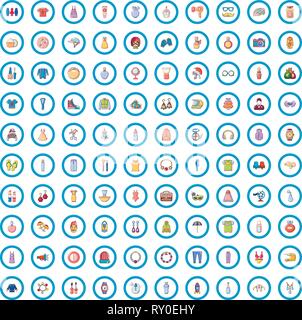 100 icone della moda, stile cartoon Illustrazione Vettoriale