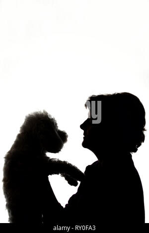 Donna abbracciando la silhouette del cane in Studio Foto Stock