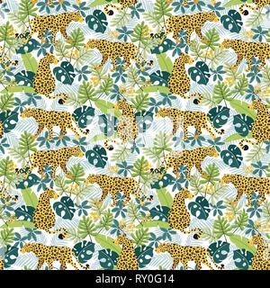 Seamless modello animale. Leopardi con fiori tropicali, Monstera, banana, philodendron e foglie di palmo. Elegante design moderno. Illustrazione Vettoriale Illustrazione Vettoriale